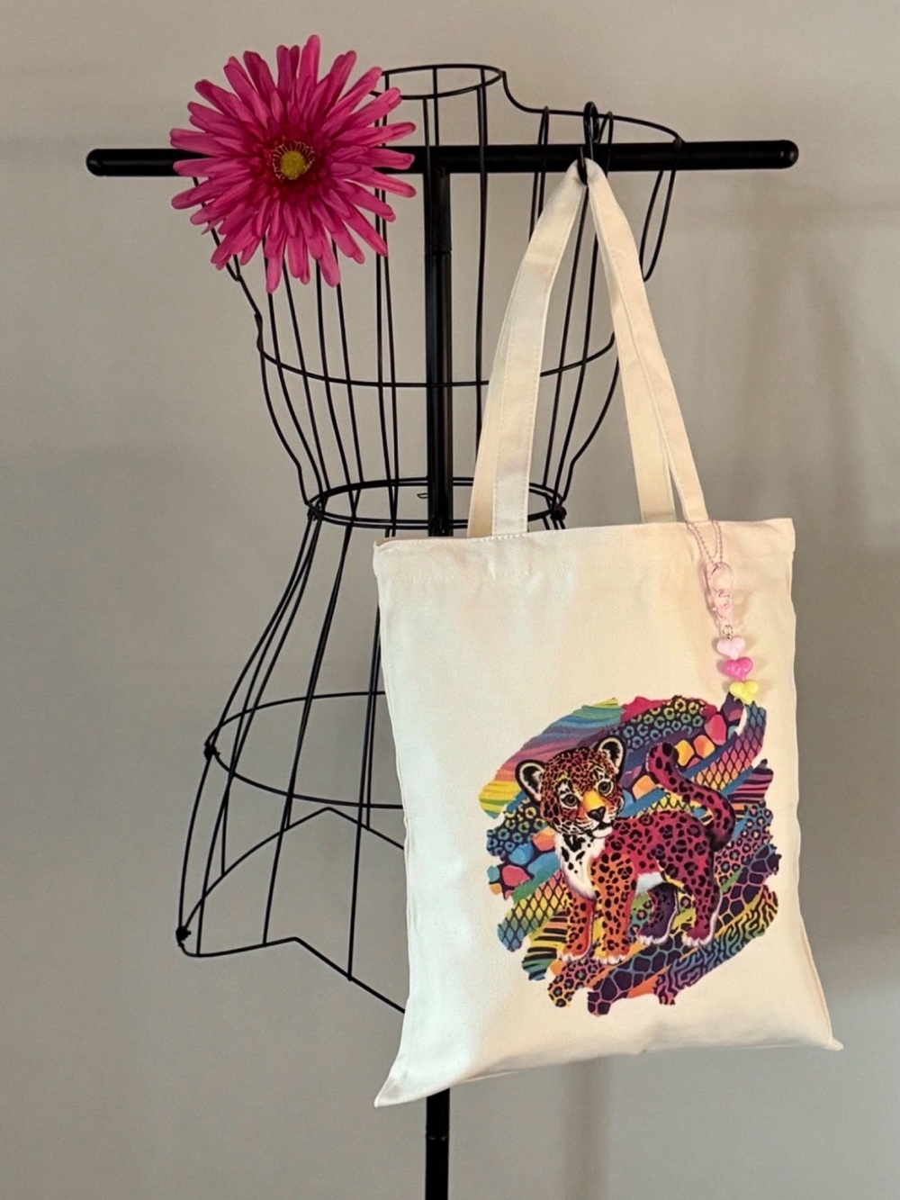 New Retro 80s 90s Style Colorful Leopard Shopping Tote Bag w/ Heart Charm - 15" - Picture 2 of 9